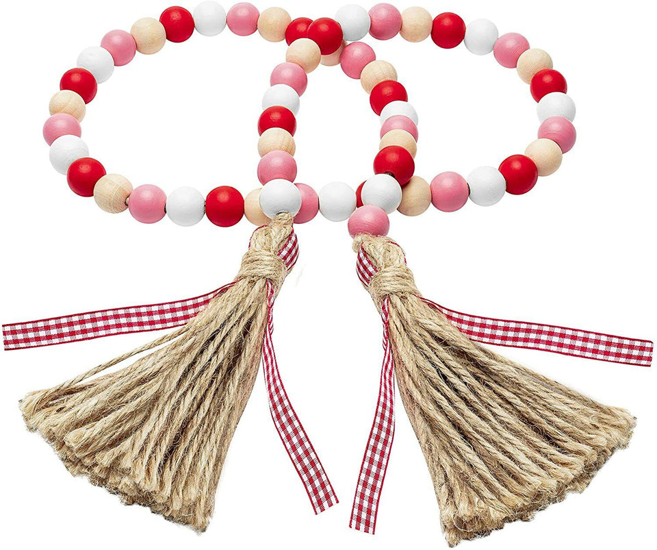 Wooden Beads Garland Tassels Farmhouse Rustic Country Hanging Decor Jute Rope