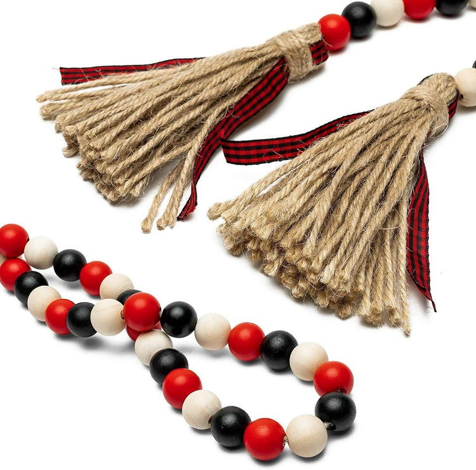 Wooden Beads Garland Tassels Farmhouse Rustic Country Hanging Decor Jute Rope