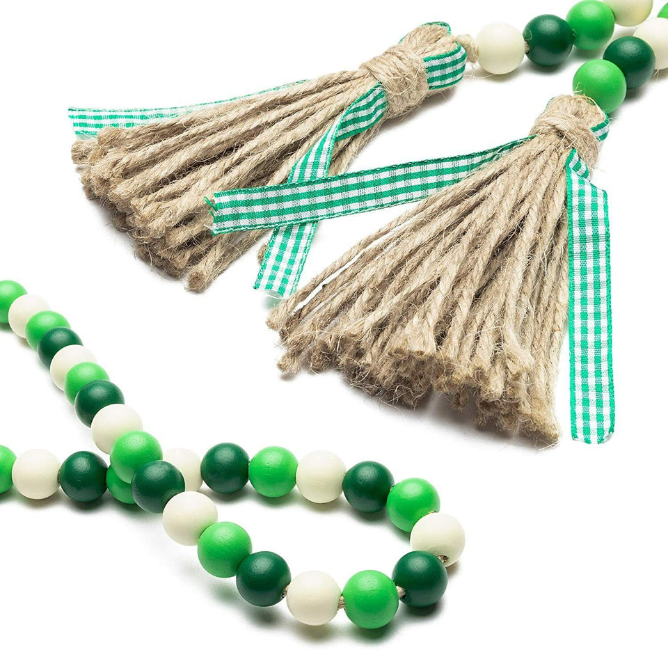 Wooden Beads Garland Tassels Farmhouse Rustic Country Hanging Decor Jute Rope