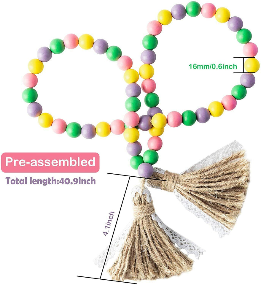 Wooden Beads Garland Tassels Farmhouse Rustic Country Hanging Decor Jute Rope