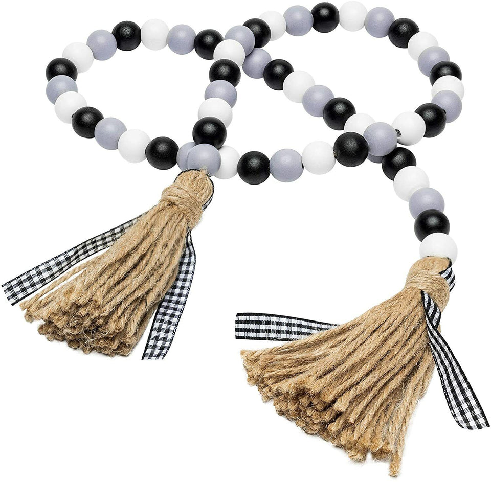 Wooden Beads Garland Tassels Farmhouse Rustic Country Hanging Decor Jute Rope
