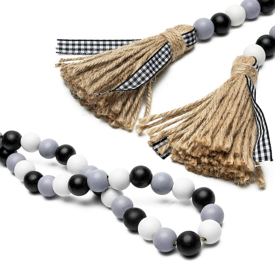 Wooden Beads Garland Tassels Farmhouse Rustic Country Hanging Decor Jute Rope
