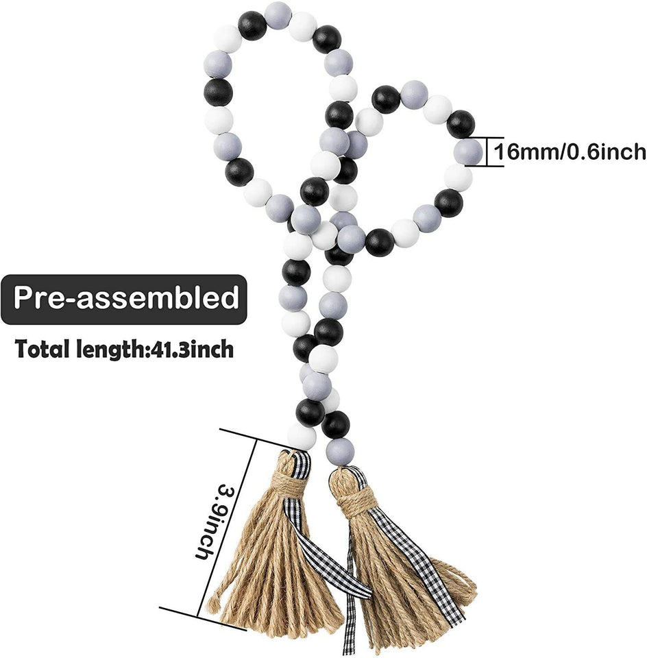 Wooden Beads Garland Tassels Farmhouse Rustic Country Hanging Decor Jute Rope