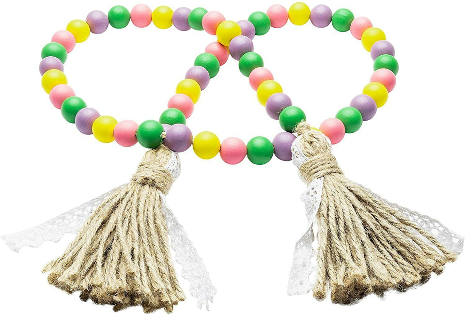 Wooden Beads Garland Tassels Farmhouse Rustic Country Hanging Decor Jute Rope