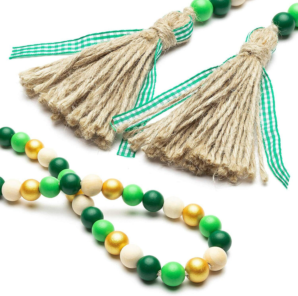 Wooden Beads Garland Tassels Farmhouse Rustic Country Hanging Decor Jute Rope