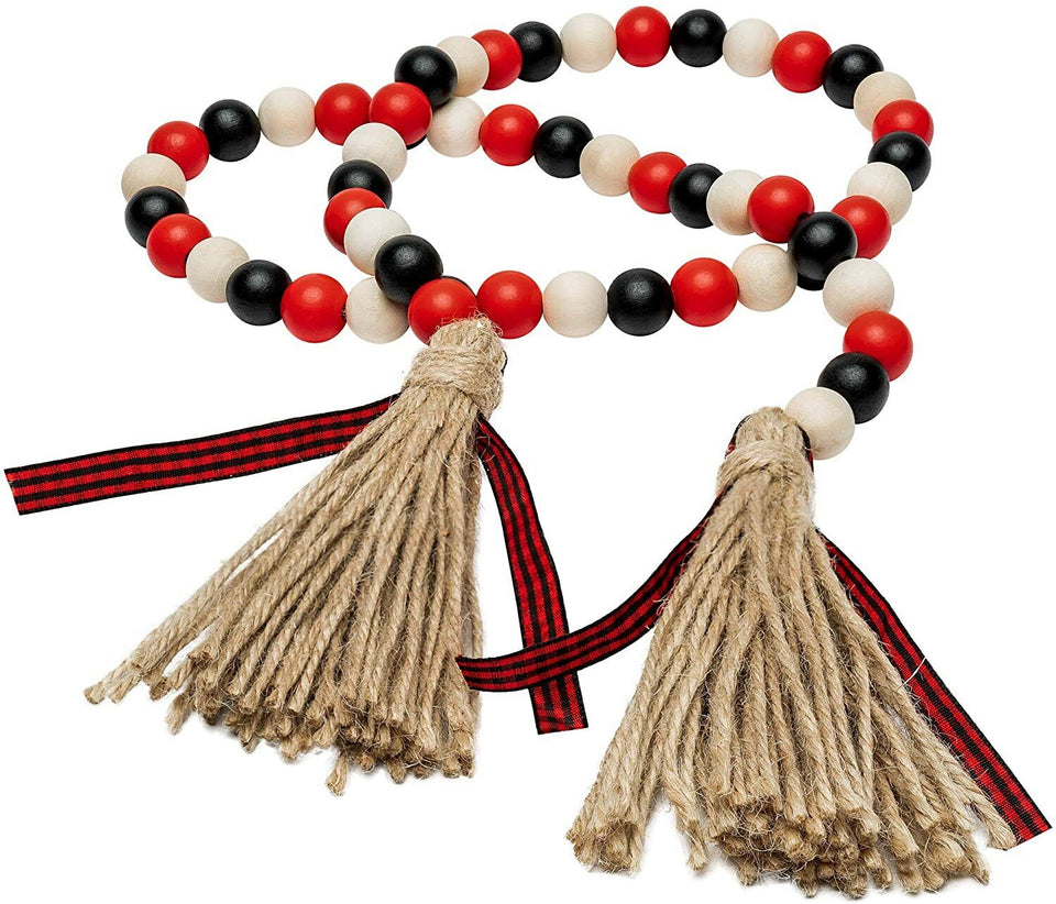 Wooden Beads Garland Tassels Farmhouse Rustic Country Hanging Decor Jute Rope