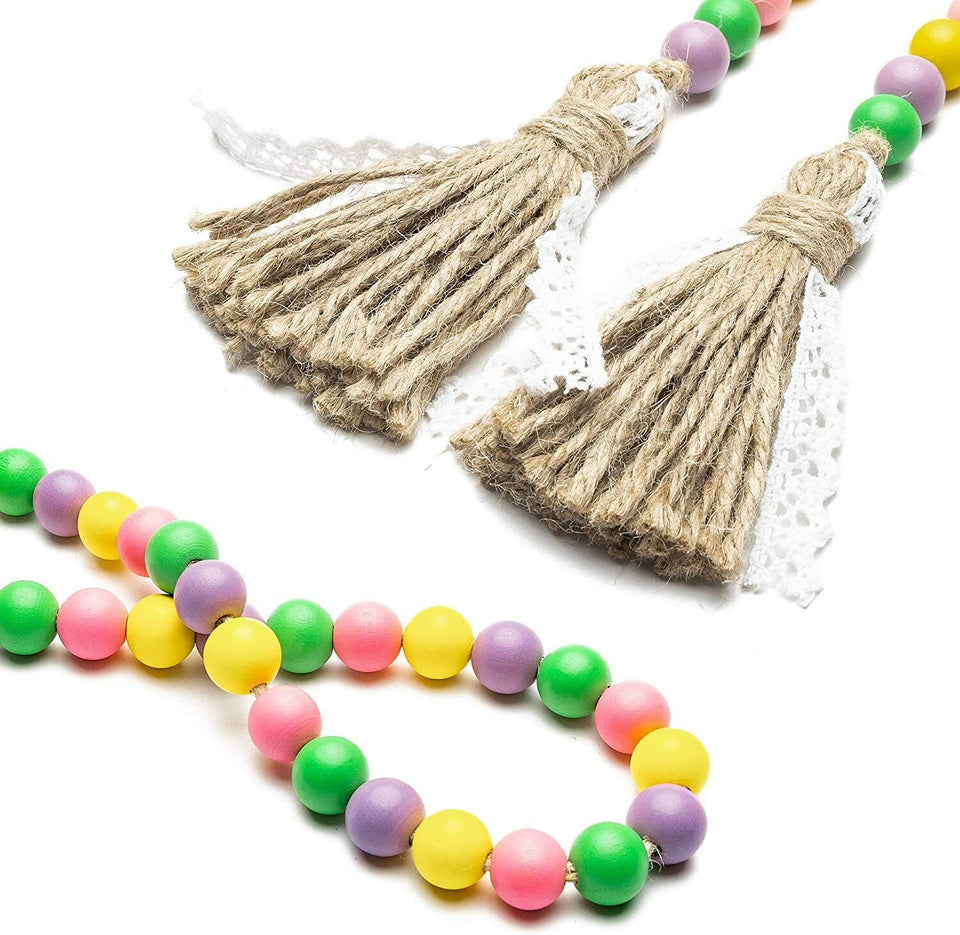 Wooden Beads Garland Tassels Farmhouse Rustic Country Hanging Decor Jute Rope