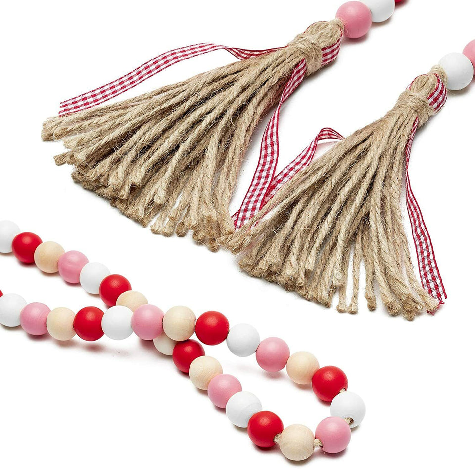 Wooden Beads Garland Tassels Farmhouse Rustic Country Hanging Decor Jute Rope