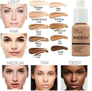 Phoera Foundation Makeup Full Coverage Liquid Base Brighten Long Lasting Shade