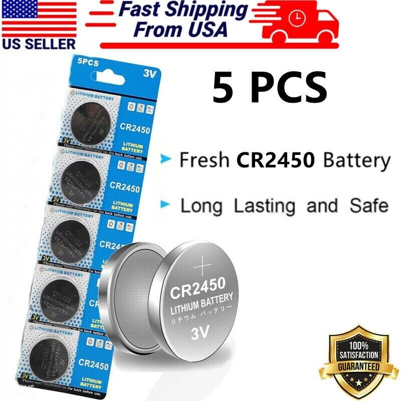 5 Pack CR2450 Lithium Battery Long-Lasting & High Capacity 3 Volt Coin & Button