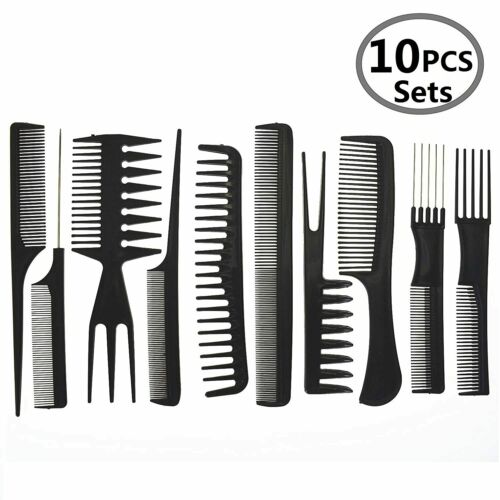 10Pcs Black Pro Salon Hair Styling Hairdressing Plastic Barbers Brush Combs Set
