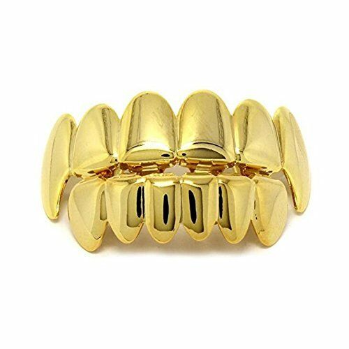 New Custom 14k Gold Plated Hip Hop Teeth Grillz Caps Top & Bottom Grill Fang Set