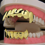 New Custom 14k Gold Plated Hip Hop Teeth Grillz Caps Top & Bottom Grill Fang Set