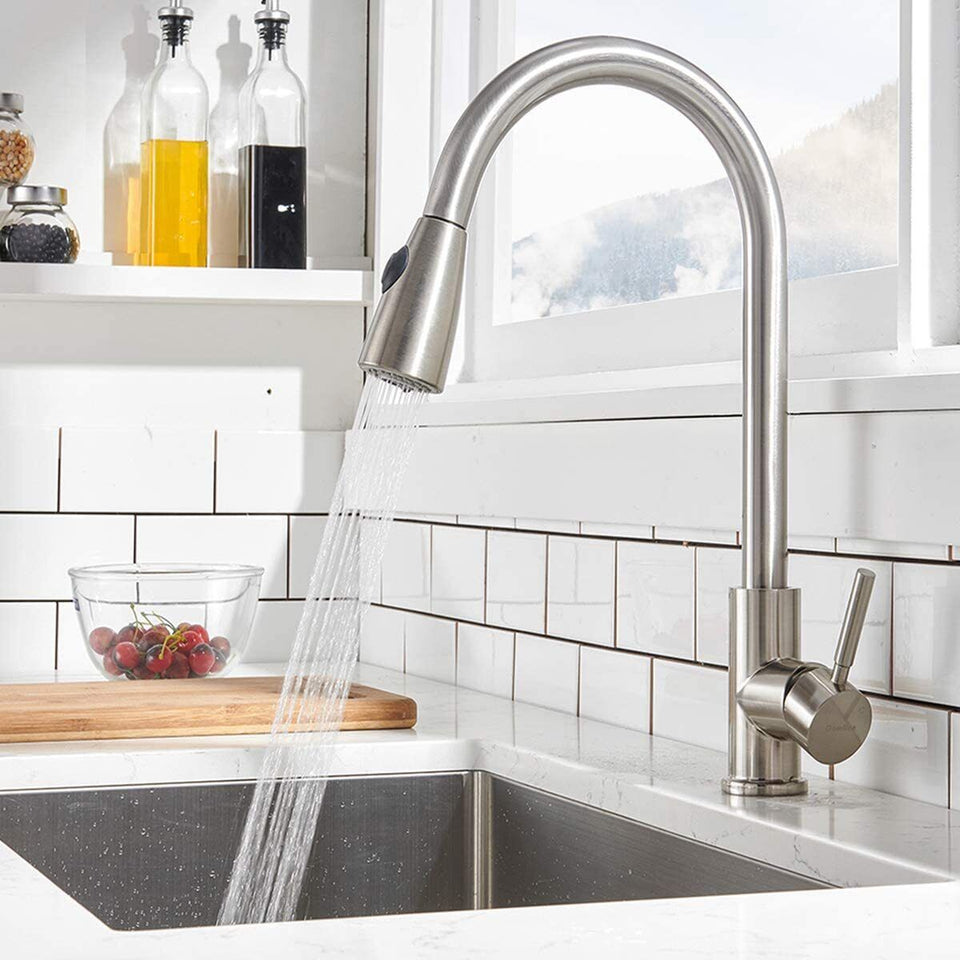 Commercial Kitchen Sink Faucet Pull Out Sprayer Mixer Tap Brushed Nickel&Cover