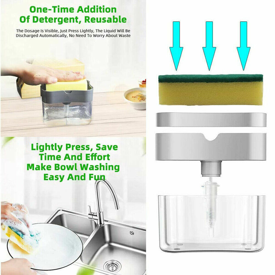 2 in1 Kitchen Liquid Soap Pump ABS Dispenser Sponge Holder Press Countertop Rack