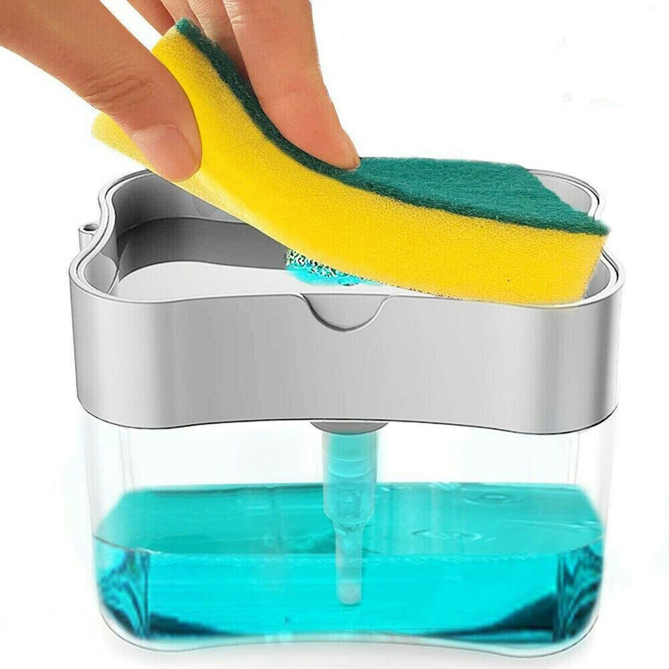 2 in1 Kitchen Liquid Soap Pump ABS Dispenser Sponge Holder Press Countertop Rack