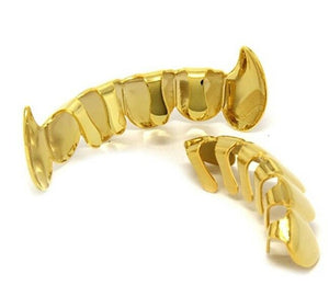 New Custom 14k Gold Plated Hip Hop Teeth Grillz Caps Top & Bottom Grill Fang Set