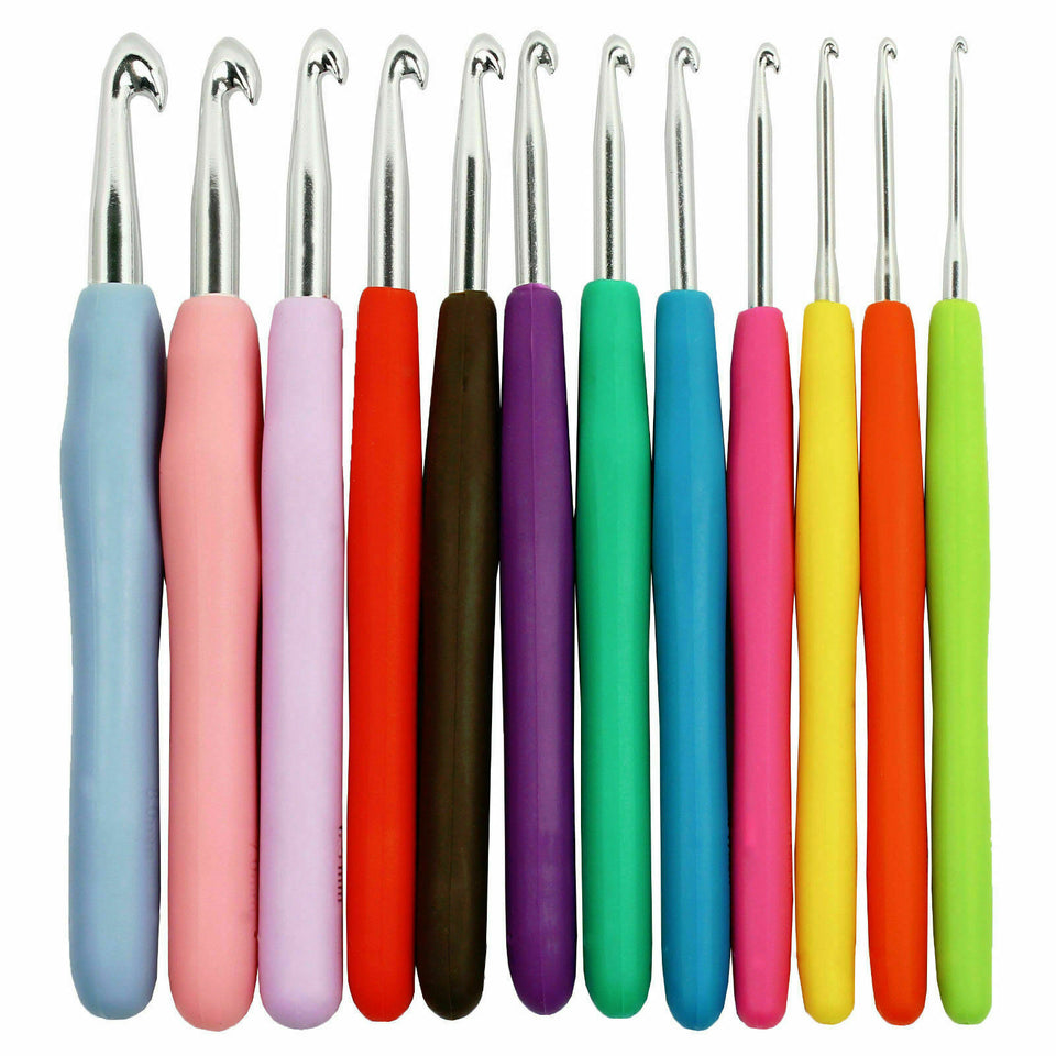 Soft Handle 12 PCS Set Crochet Hooks Needles Knit Yarn Weave Craft Aluminum