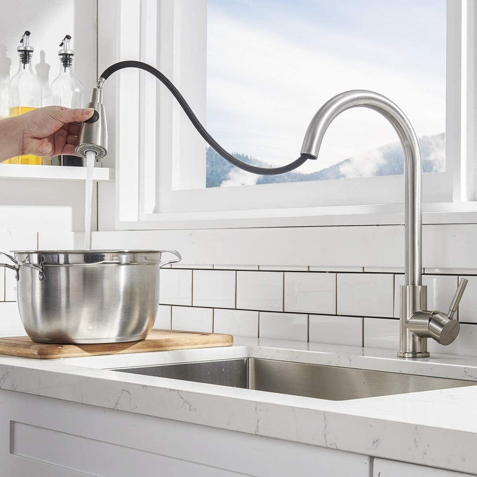 Commercial Kitchen Sink Faucet Pull Out Sprayer Mixer Tap Brushed Nickel&Cover