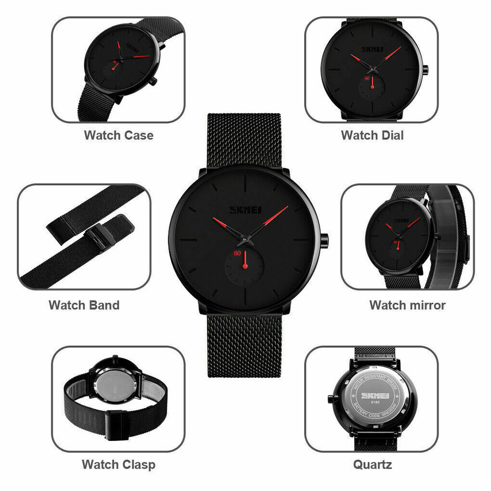 Mens Minimalist Ultra-Thin Analog Waterproof Dress Stainless Steel Wrist Watch