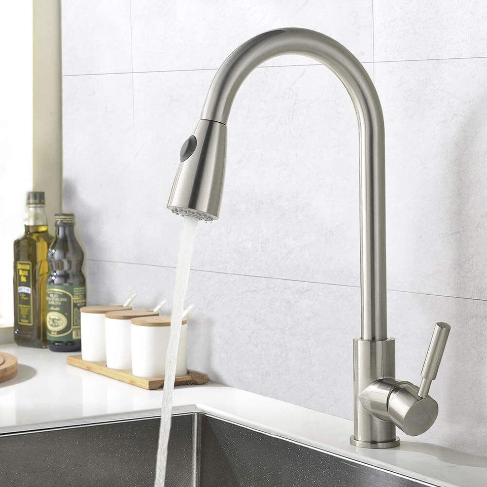 Commercial Kitchen Sink Faucet Pull Out Sprayer Mixer Tap Brushed Nickel&Cover