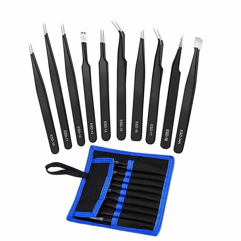 10Pcs ESD Anti-static Tweezers Set Maintenance Repair Stainless Steel Tools Kit