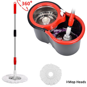 360° Rotating Head Easy Spin Dry Floor Mop Bucket + 3x Head Microfiber Spinning