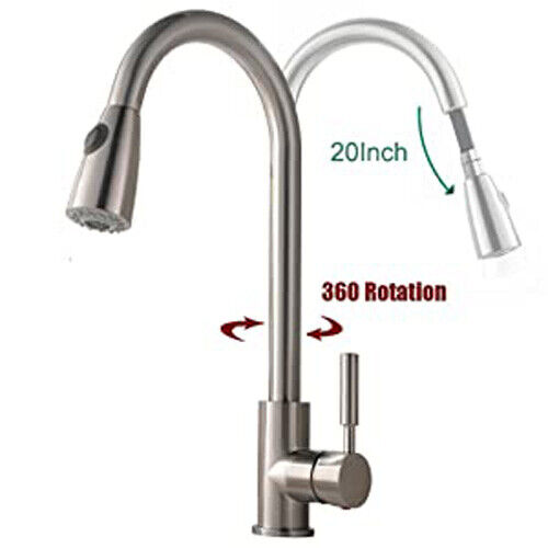 Commercial Kitchen Sink Faucet Pull Out Sprayer Mixer Tap Brushed Nickel&Cover
