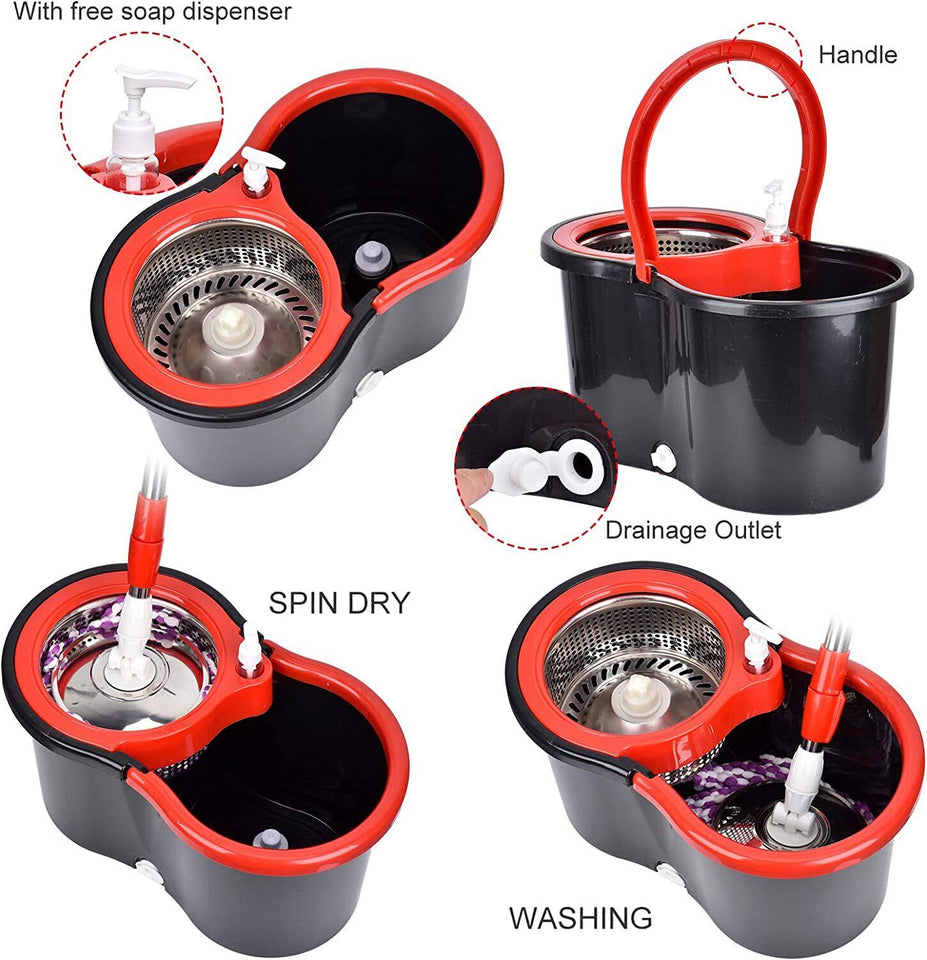360° Rotating Head Easy Spin Dry Floor Mop Bucket + 3x Head Microfiber Spinning