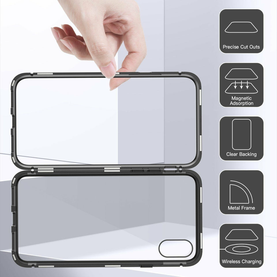 Luxury Magnetic Metal Frame Tempered Glass Back Cover Case For iPhone X 7 8 Plus