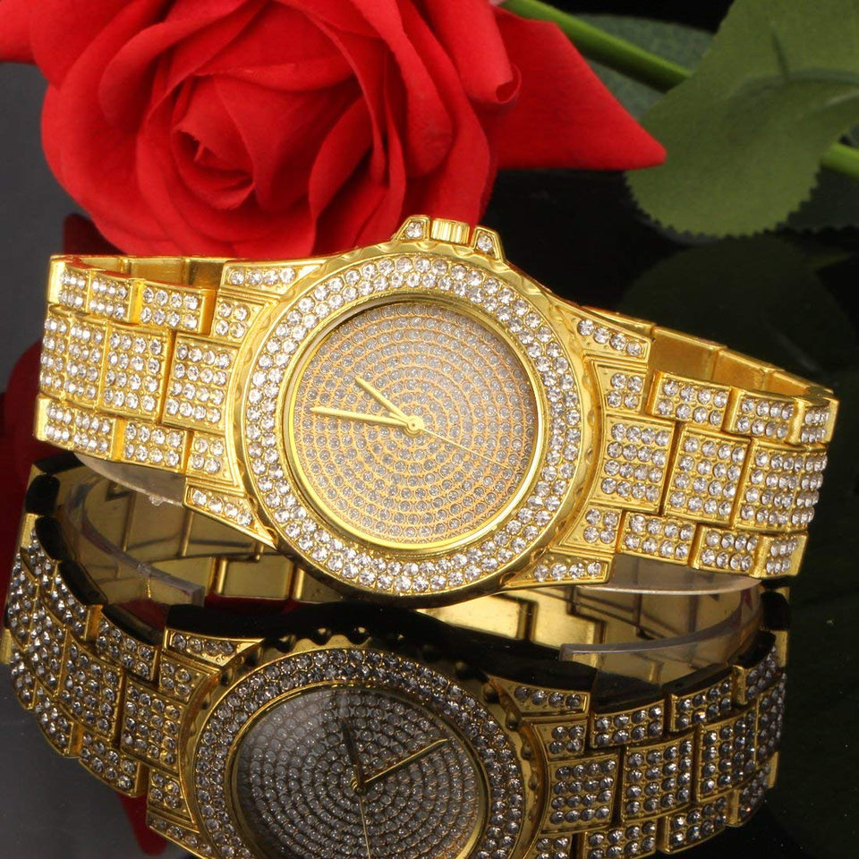 Luxury Mens 14k Gold Tone Iced out Simulated Lab Diamond Hip Hop Rapper Watch